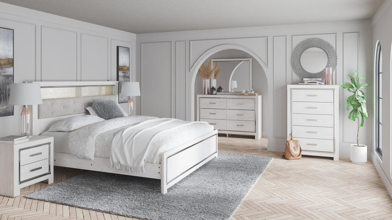 Altyra King Panel Bookcase Bed with Mirrored Dresser and 2 Nightstands in White - PKG009438