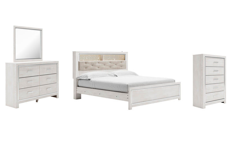 Altyra King Panel Bookcase Bed with Mirrored Dresser and Chest in White - PKG009439