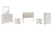 Altyra King Panel Headboard Bed with Mirrored Dresser, Chest and 2 Nightstands in White - PKG009477