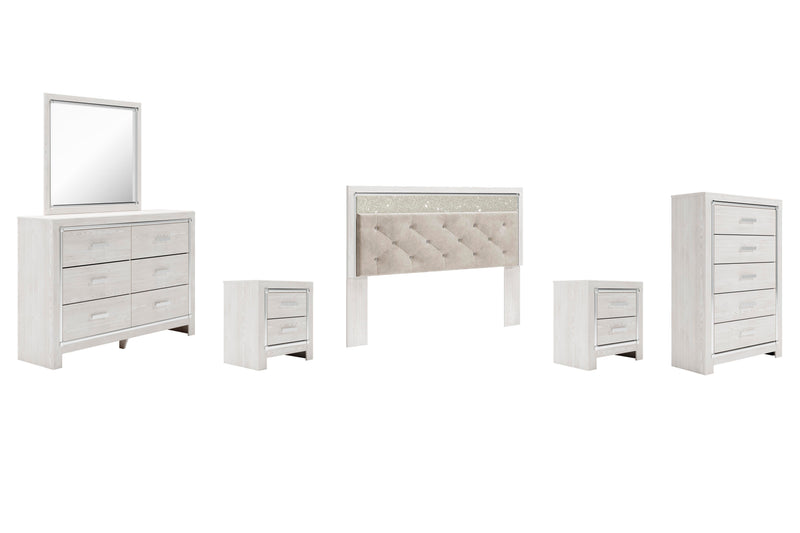 Altyra King Panel Headboard Bed with Mirrored Dresser, Chest and 2 Nightstands in White - PKG009477