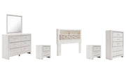 Altyra Queen Bookcase Headboard Bed with Mirrored Dresser, Chest and 2 Nightstands in White - PKG009483