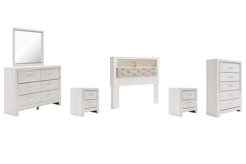 Altyra Queen Bookcase Headboard Bed with Mirrored Dresser, Chest and 2 Nightstands in White - PKG009483
