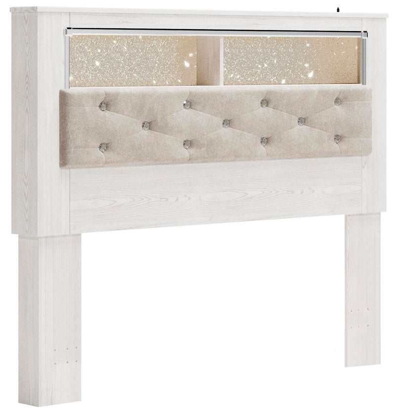 Altyra Queen Bookcase Headboard Bed with Mirrored Dresser, Chest and 2 Nightstands in White - PKG009483