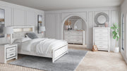 Altyra Queen Bookcase Headboard Bed with Mirrored Dresser, Chest and 2 Nightstands in White - PKG009483