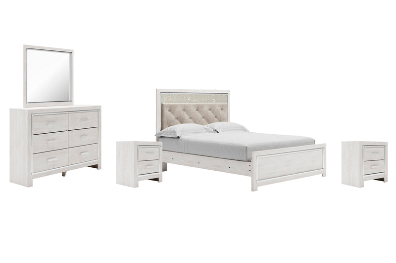 Altyra Queen Panel Bed with Mirrored Dresser and 2 Nightstands in White - PKG009420