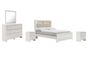 Altyra Queen Panel Bookcase Bed with Mirrored Dresser and 2 Nightstands in White - PKG009432
