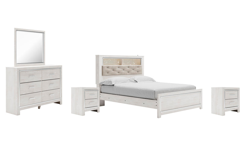 Altyra Queen Panel Bookcase Bed with Mirrored Dresser and 2 Nightstands in White - PKG009432