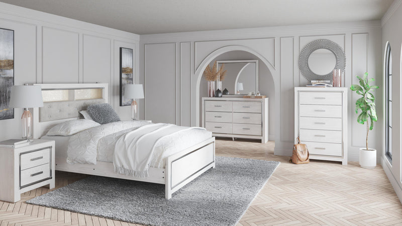 Altyra Queen Panel Bookcase Bed with Mirrored Dresser and 2 Nightstands in White - PKG009432