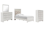 Altyra Twin Panel Bed with Mirrored Dresser and Chest in White - PKG009445