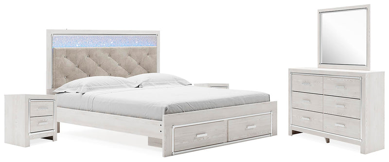 Altyra White King Upholstered Storage Bed, Dresser, Mirror and 2 Nightstands - B2640B37
