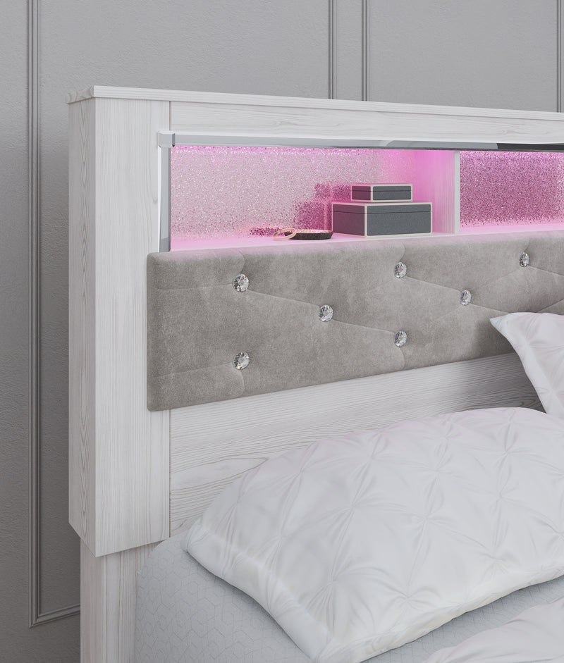 Altyra White LED Bookcase Upholstered Footboard Storage Platform Bedroom Set - Gate FurnitureBedroom Set
