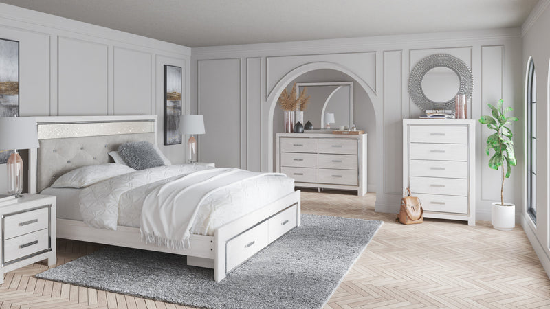 Altyra White LED Bookcase Upholstered Footboard Storage Platform Bedroom Set - Gate FurnitureBedroom Set