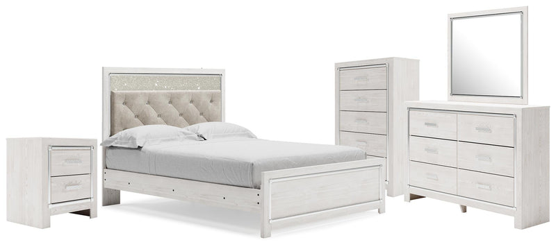 Altyra White Queen Upholstered Panel Bed, Dresser, Mirror, Chest and Nightstand - B2640B62