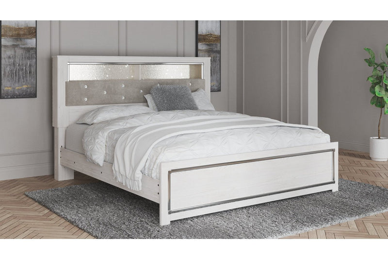 Altyra White Upholstered Bookcase LED King Panel Bed - Gate FurnitureKing Bed