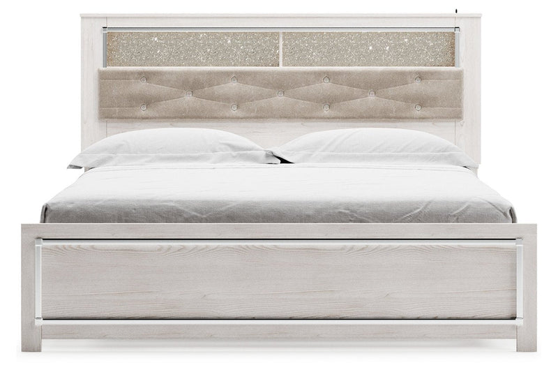Altyra White Upholstered Bookcase LED King Panel Bed - Gate FurnitureKing Bed