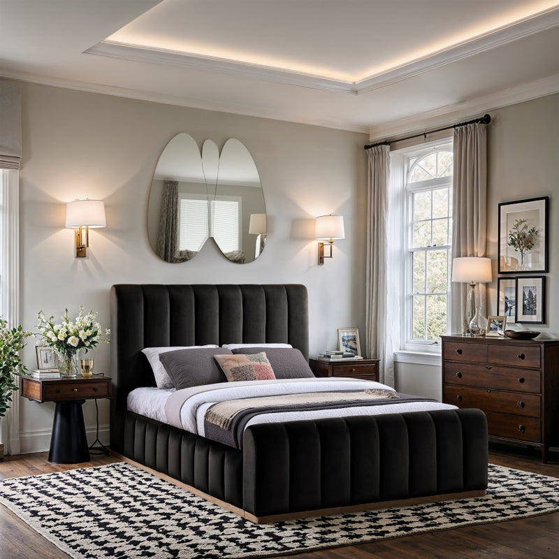 Amara Velvet Upholstered Queen Bed in Black - AmaraBlack-Q