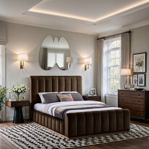 Amara Velvet Upholstered Queen Bed in Brown - AmaraBrown-Q