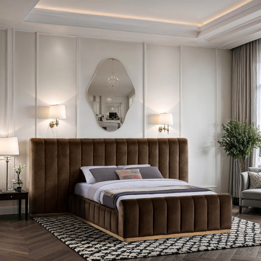 Amara Velvet Upholstered Queen Bed in Brown - AmaraBrown-Q117