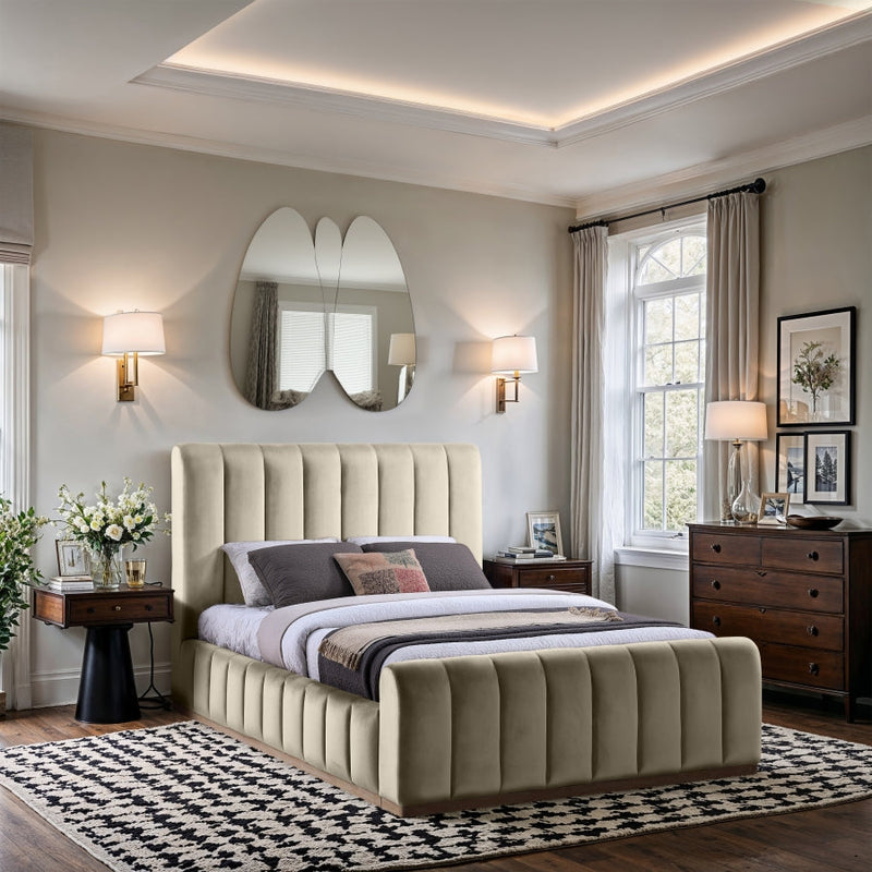 Amara Velvet Upholstered Queen Bed in Cream - AmaraCream-Q