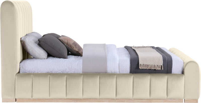 Amara Velvet Upholstered Queen Bed in Cream - AmaraCream-Q