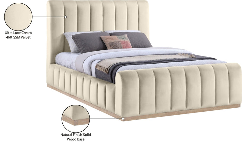 Amara Velvet Upholstered Queen Bed in Cream - AmaraCream-Q
