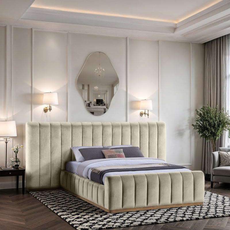 Amara Velvet Upholstered Queen Bed in Cream - AmaraCream-Q117