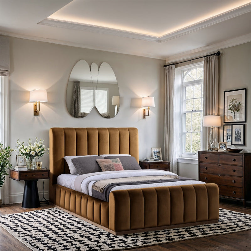 Amara Velvet Upholstered Queen Bed in Saddle - AmaraSaddle-Q