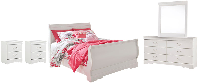 Anarasia Full Sleigh Bed with Mirrored Dresser and 2 Nightstands in White - PKG002585