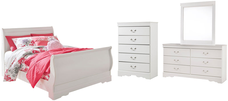 Anarasia Full Sleigh Bed with Mirrored Dresser and Chest in White - PKG002586