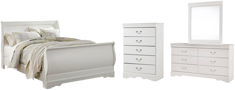 Anarasia Queen Sleigh Bed with Mirrored Dresser and Chest in White - PKG002592