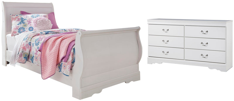 Anarasia Twin Sleigh Bed and Dresser in White - PKG002577
