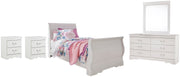 Anarasia Twin Sleigh Bed with Mirrored Dresser and 2 Nightstands in White - PKG002579