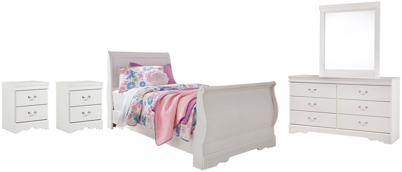 Anarasia Twin Sleigh Bed with Mirrored Dresser and 2 Nightstands in White - PKG002579