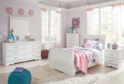 Anarasia Twin Sleigh Bed with Mirrored Dresser, Chest and Nightstand in White - PKG002581
