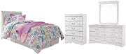 Anarasia Twin Sleigh Headboard, Dresser, Mirror and Chest in White - PKG002556