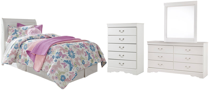 Anarasia Twin Sleigh Headboard, Dresser, Mirror and Chest in White - PKG002556