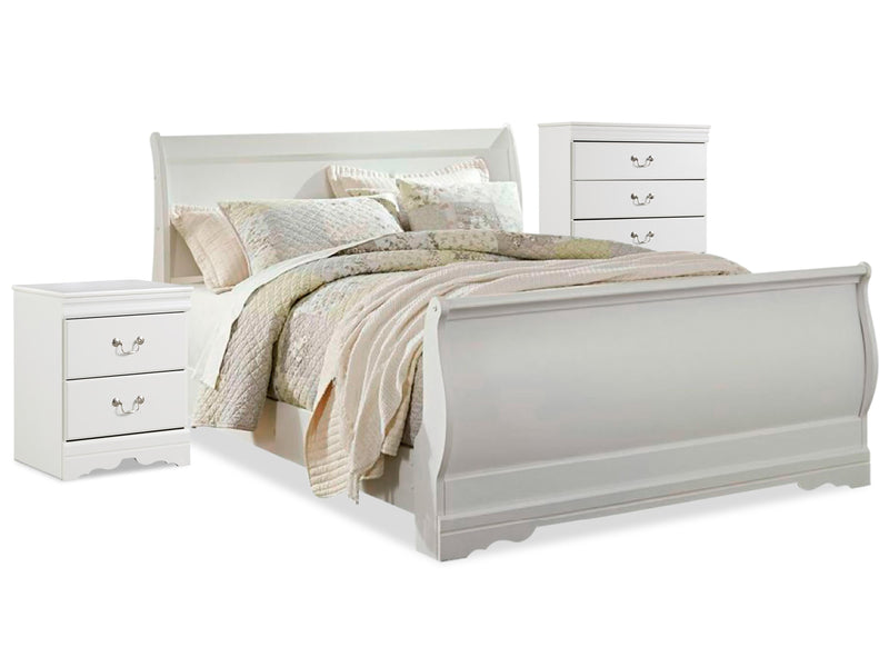Anarasia White Queen Sleigh Bed with Chest of Drawers and Nightstand - B129B12