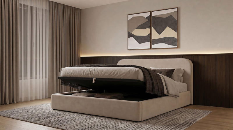 Anders Upholstered Eastern King Storage Lift Platform Bed Beige - 306037BEIKE