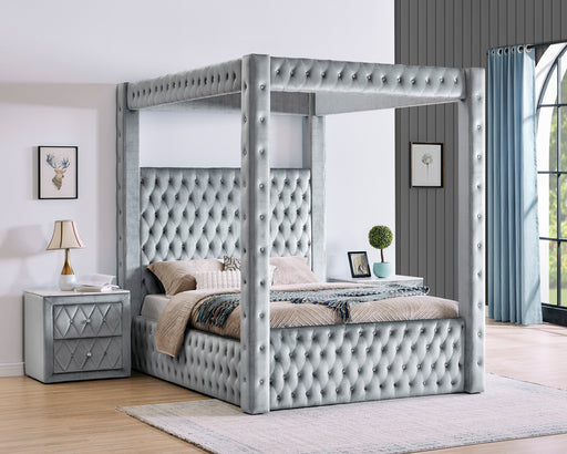 Annabelle Gray Velvet King Canopy Bed - Gate FurnitureKing Bed