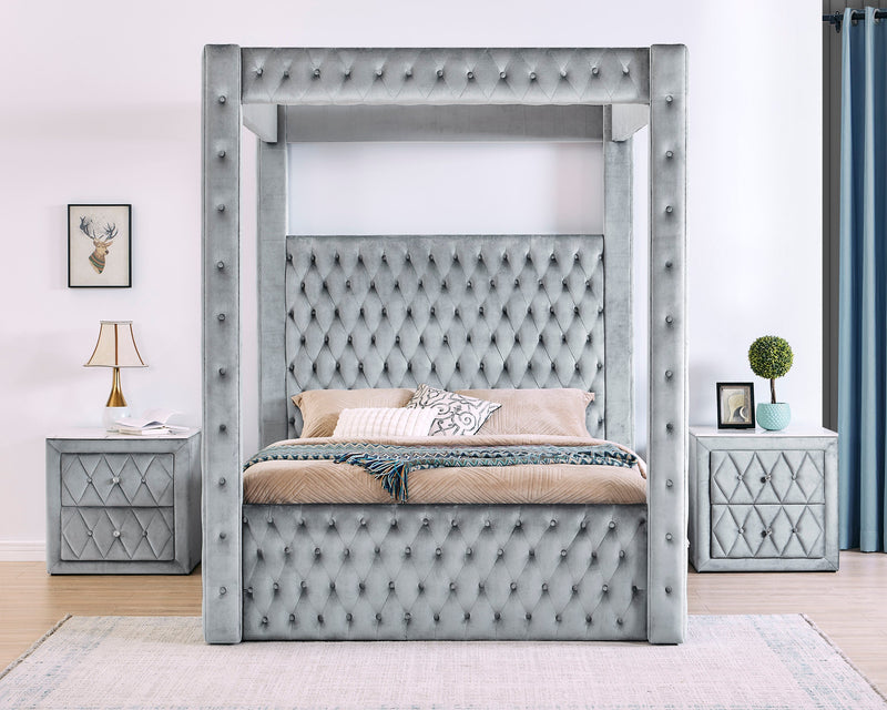 Annabelle Gray Velvet King Canopy Bed - Gate FurnitureKing Bed