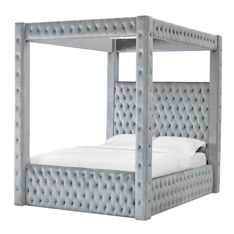 Annabelle Gray Velvet King Canopy Bed - Gate FurnitureKing Bed