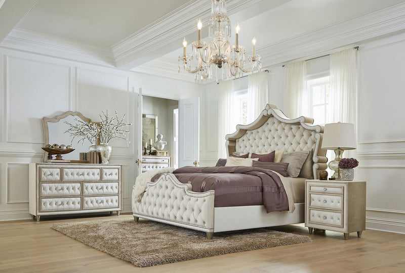 Antonella Upholstered Eastern King Panel Bed Ivory and Camel - 223521KE