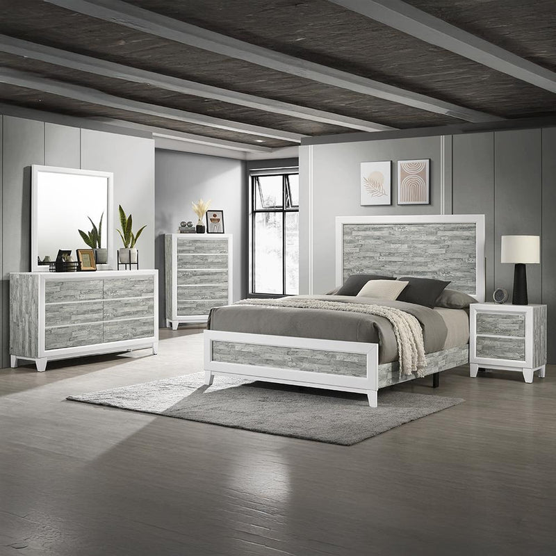 Arctic - Gray & White King Bed, Dresser, Mirror, Nightstand - B369-KDMN