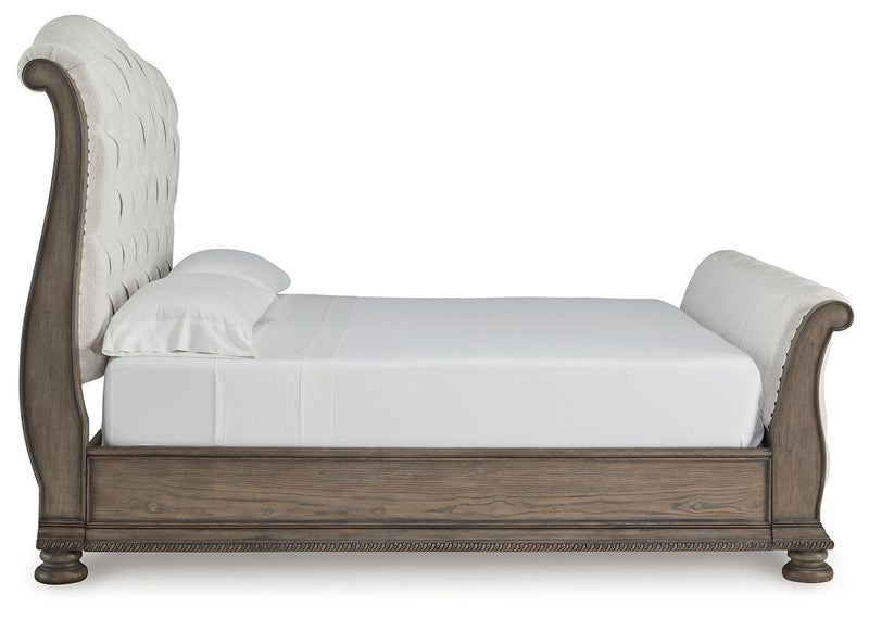 Ardenfield California King Upholstered Sleigh Bed with 2 Nightstands in Light Brown from Ashley - Luna Furniture