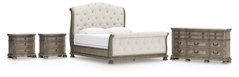Ardenfield California King Upholstered Sleigh Bed with Dresser and 2 Nightstands in Light Brown from Ashley - Luna Furniture