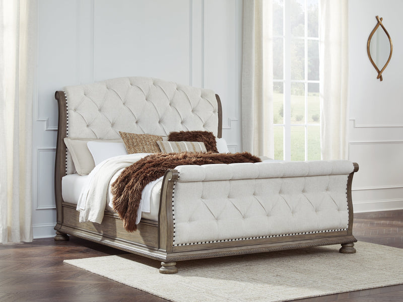 Ardenfield California King Upholstered Sleigh Bed with Dresser in Light Brown from Ashley - Luna Furniture
