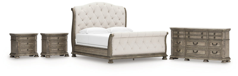 Ardenfield King Upholstered Sleigh Bed with Dresser and 2 Nightstands in Light Brown from Ashley - Luna Furniture