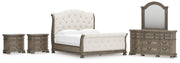 Ardenfield King Upholstered Sleigh Bed with Mirrored Dresser and 2 Nightstands in Light Brown from Ashley - Luna Furniture