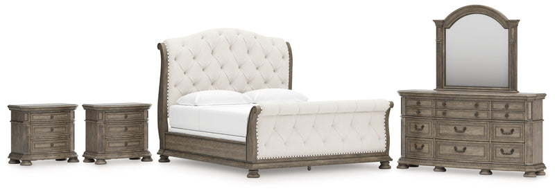 Ardenfield King Upholstered Sleigh Bed with Mirrored Dresser and 2 Nightstands in Light Brown from Ashley - Luna Furniture