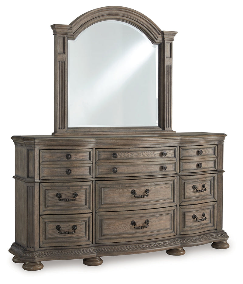 Ardenfield King Upholstered Sleigh Bed with Mirrored Dresser and Chest in Light Brown from Ashley - Luna Furniture